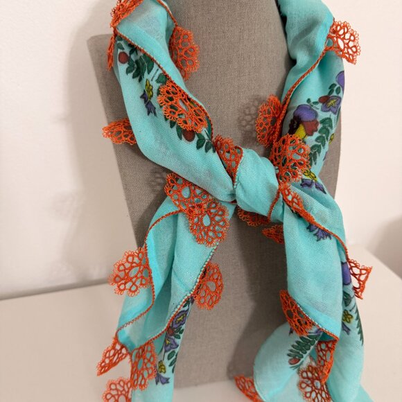 Collectable Traditional Vintage Turkish 40s-50s Oya Scarf Blue & Peach - Picture 2 of 6